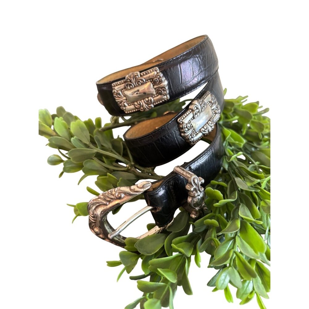Vintage Brighton Leather Belt, Embossed Alligator Print leather, Concho Silver O